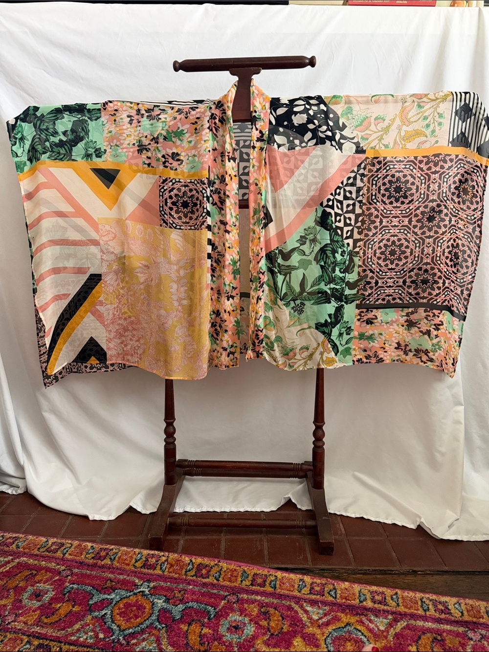 Anthropologie Patchwork Floral & Geometric Throw - Pink, Green, Black, Yellow